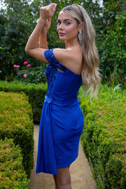 Glitter Jersey Sweetheart Neckline Bodycon Homecoming Dress w/ Cut-Away Shoulder GS3509 BY ELIZABETH K