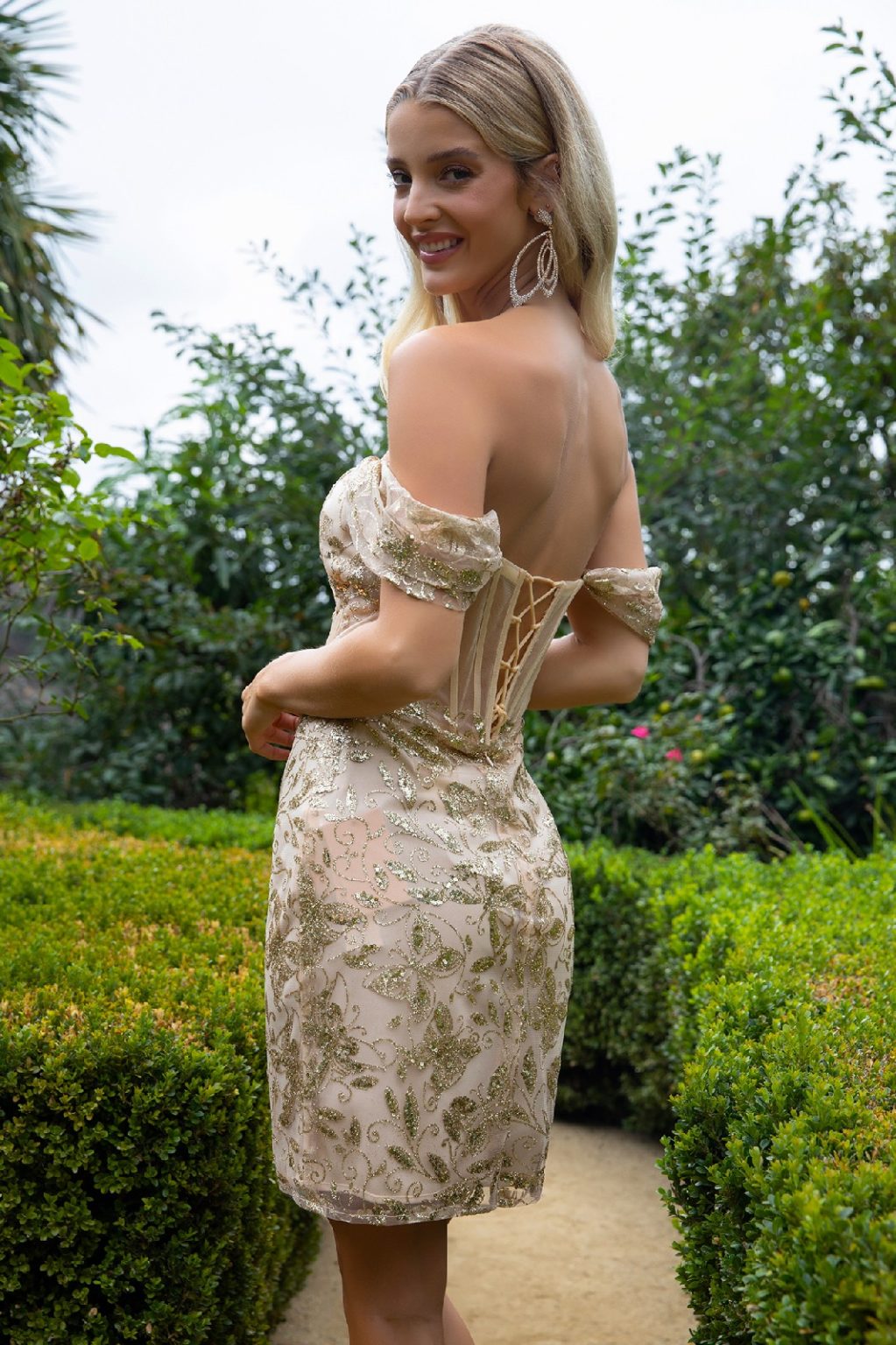 Glitter Pattern Mesh Sheer Bodice Homecoming Bodycon Dress w/ Lace-Up Back GS3510 BY ELIZABETH K