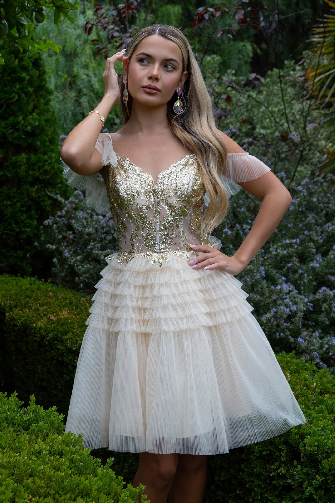 Pleated Mesh Skirt Sheer Bodice Glitter Pattern Embellished Homecoming Dress w/ Lace-Up Back GS3511 GLS BY ELIZABETH K