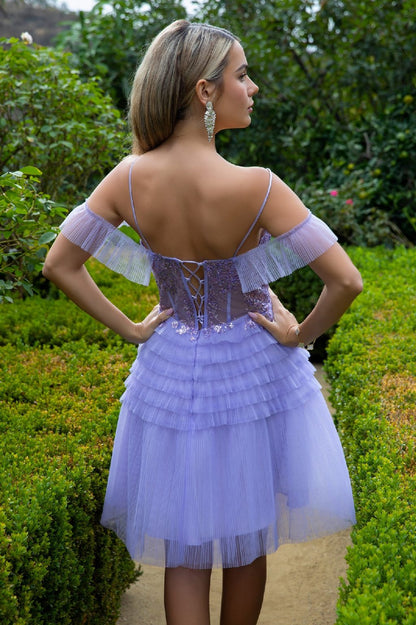Pleated Mesh Skirt Sheer Bodice Glitter Pattern Embellished Homecoming Dress w/ Lace-Up Back GS3511 GLS BY ELIZABETH K