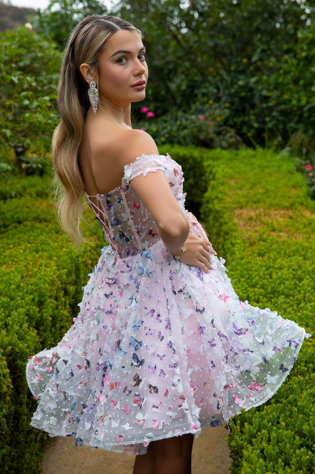 3D Butterfly Embellished Organza Cut-Away Shoulder A-Line Homecoming Dress w/ Lace-Up Back GS3512 BY ELIZABETH K
