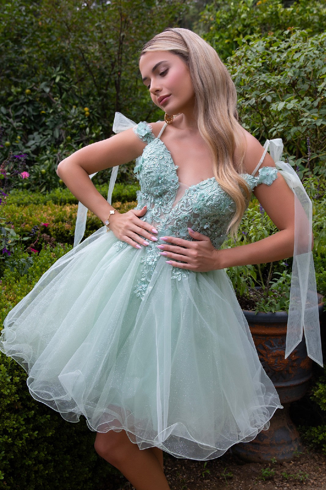 3D Flower and Embroidery Embellished Glitter Mesh Homecoming Dress w/ Lace-Up Back GS3513 BY ELIZABETH K