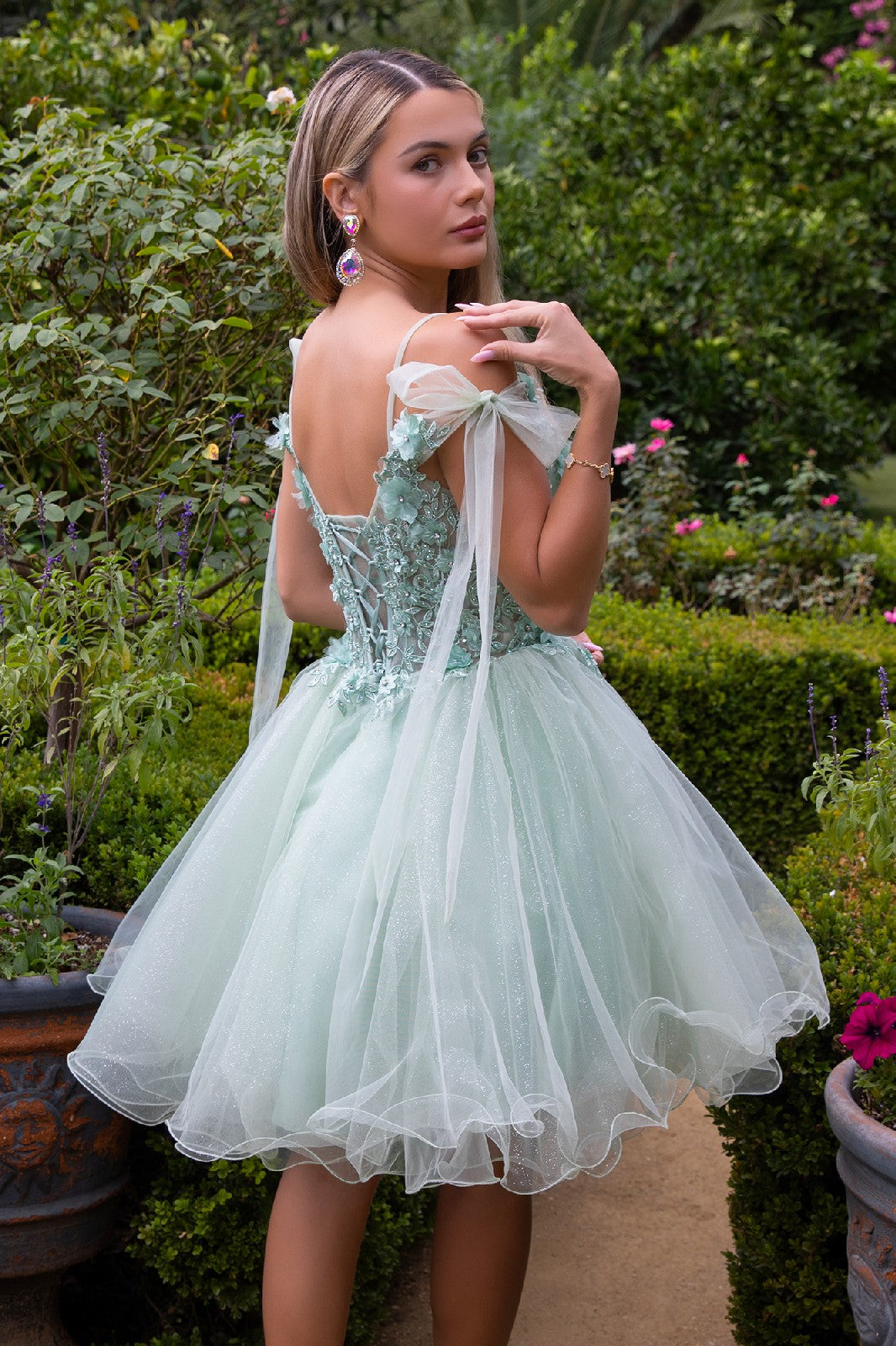 3D Flower and Embroidery Embellished Glitter Mesh Homecoming Dress w/ Lace-Up Back GS3513 BY ELIZABETH K