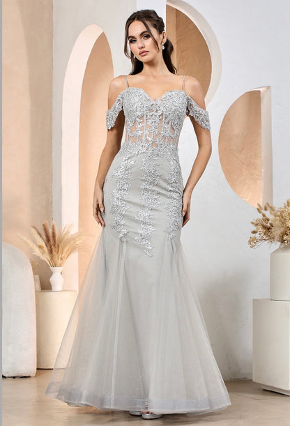 Floral Embroidery Sequin Sheer Bodice Mesh Mermaid Long Dress. 3156 BY ADORA DESIGN