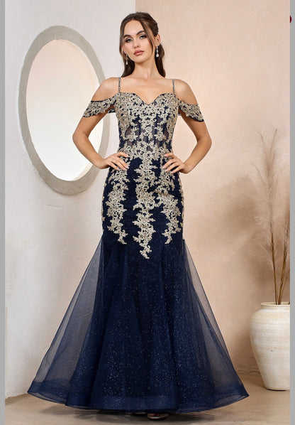 Floral Embroidery Sequin Sheer Bodice Mesh Mermaid Long Dress. 3156 BY ADORA DESIGN