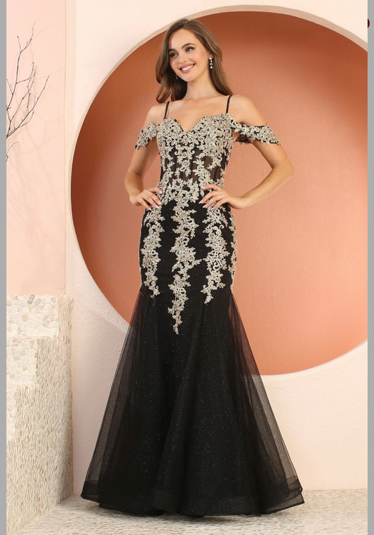 Floral Embroidery Sequin Sheer Bodice Mesh Mermaid Long Dress. 3156 BY ADORA DESIGN