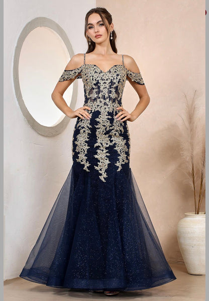 Floral Embroidery Sequin Sheer Bodice Mesh Mermaid Long Dress. 3156 BY ADORA DESIGN