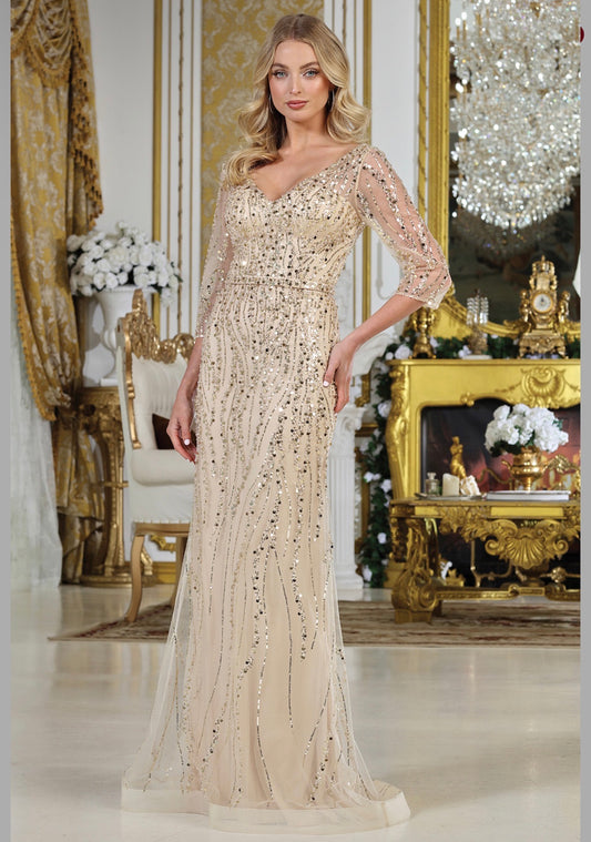 Look opulent in this richly decorated dress with beads and sequins forming wavy patterns throughout. 3328-03 BY ADORA DESIGN