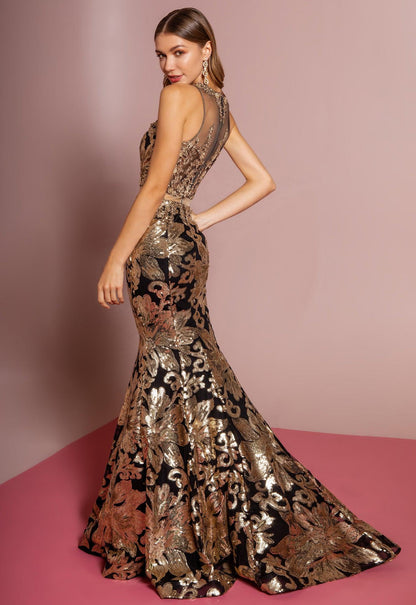 Beautiful sequin dress with a touch of gems and flower design Fitted. Gl2272 GLS BY GLORIA