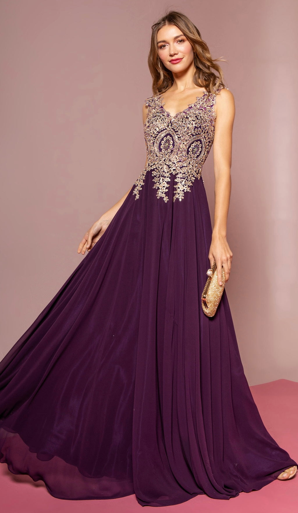 V-Neck Embroidered Chiffon Long Dress GL2311 GLS BY  Elizabeth K