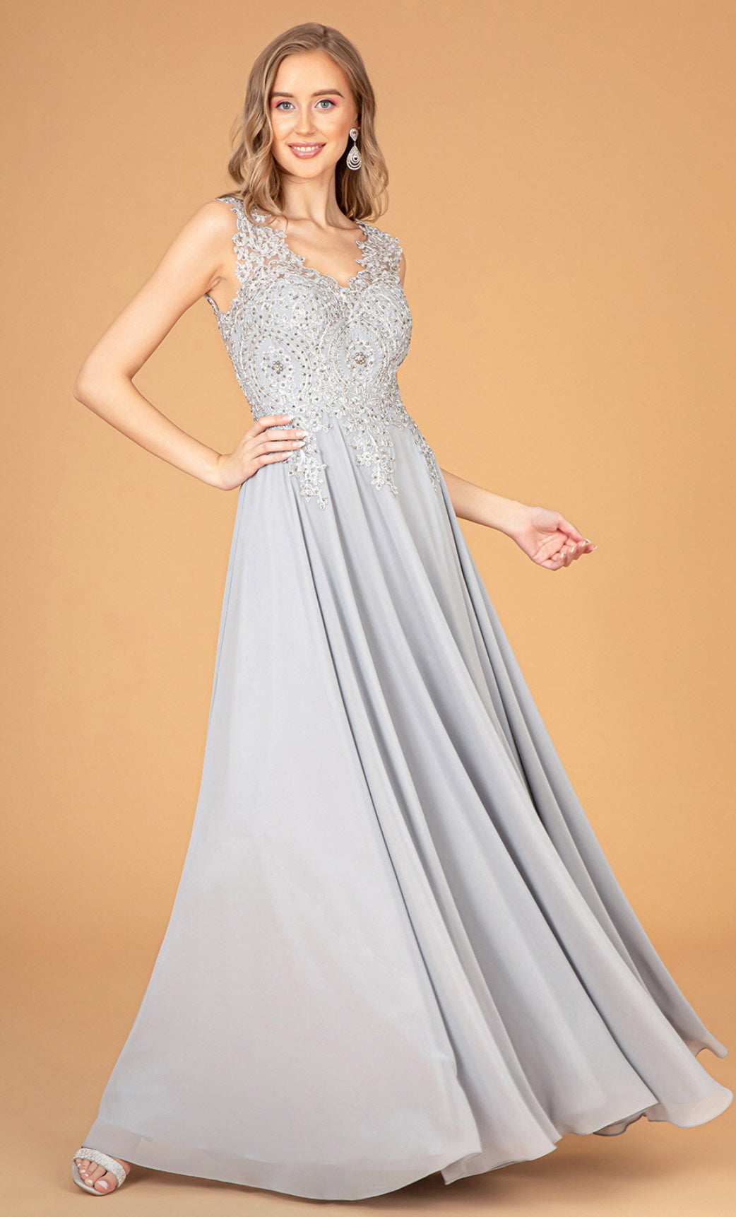 V-Neck Embroidered Chiffon Long Dress GL2311 GLS BY  Elizabeth K