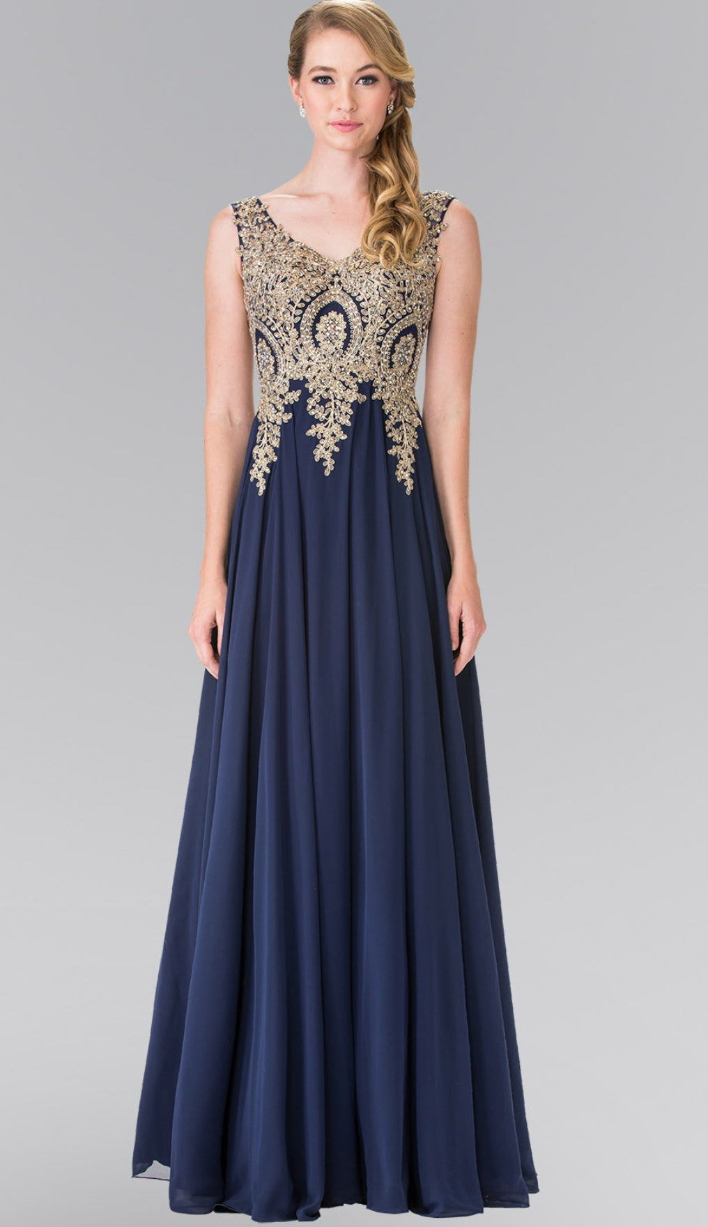 V-Neck Embroidered Chiffon Long Dress GL2311 GLS BY  Elizabeth K