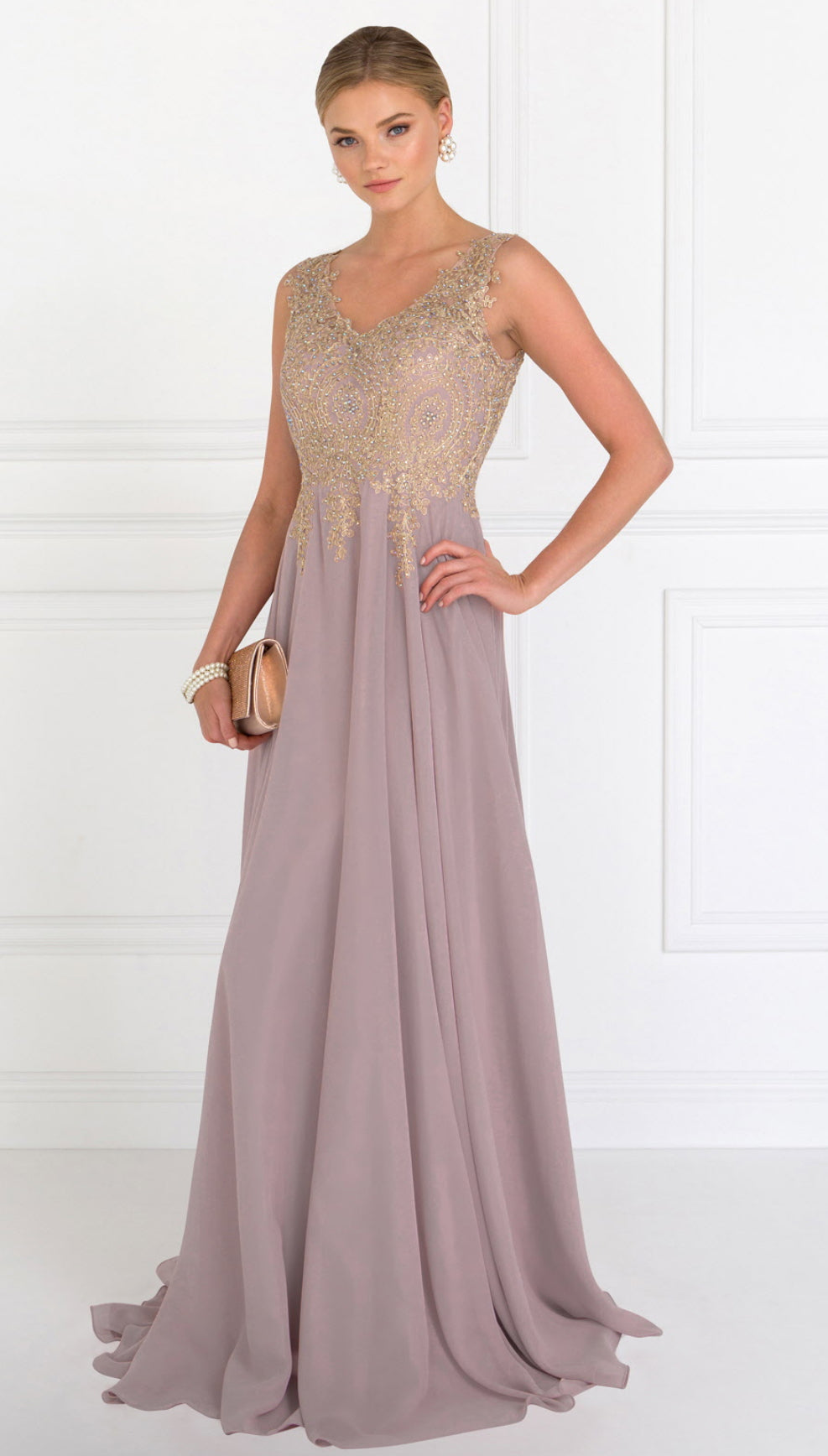 V-Neck Embroidered Chiffon Long Dress GL2311 GLS BY  Elizabeth K