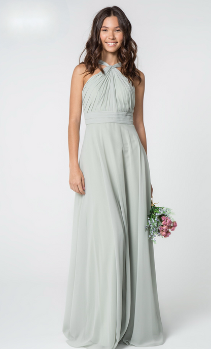 High-Neck Chiffon Ruched-Bodice. The bodice is fitted until it hits waist and flares out gracefully to the floor.  GL2816 GLS BY Elizabeth K