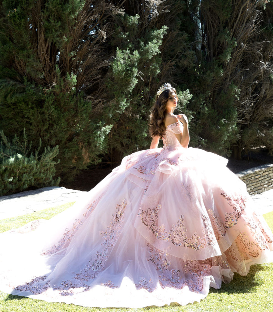 Long Train Embroidered Quince Dress. PQ1074 BY Bella couture.