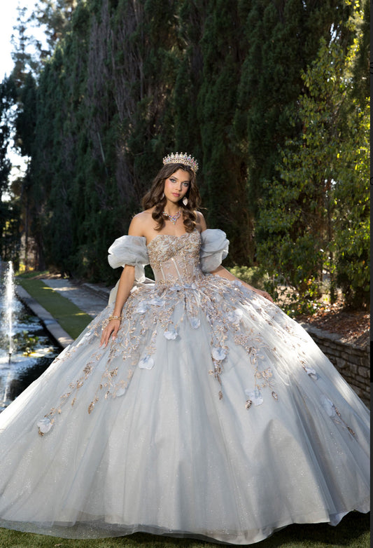 Dreamy Enactment Grey and Gold Quince Dress. PQ1078 BY BELLA COUTURE