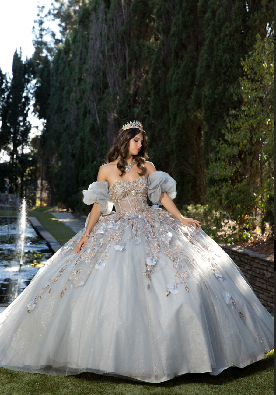 Dreamy Enactment Grey and Gold Quince Dress. PQ1078 BY BELLA COUTURE