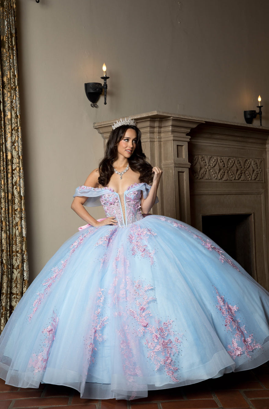 Floral Embroidery, Deep V Neckline Quince Dress. PQ1067 by Bella Couture