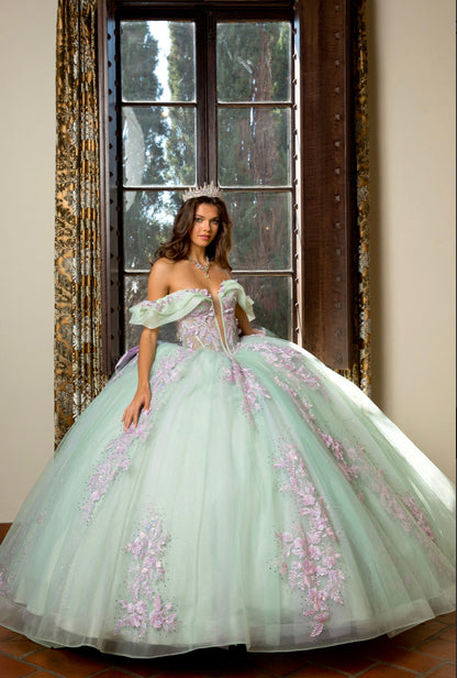 Floral Embroidery, Deep V Neckline Quince Dress. PQ1067 by Bella Couture