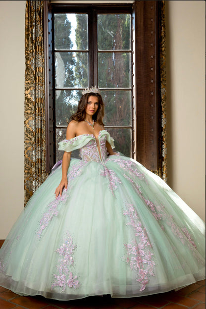 Floral Embroidery, Deep V Neckline Quince Dress. PQ1067 by Bella Couture