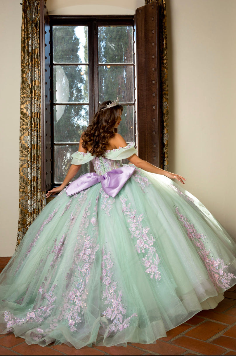 Floral Embroidery, Deep V Neckline Quince Dress. PQ1067 by Bella Couture
