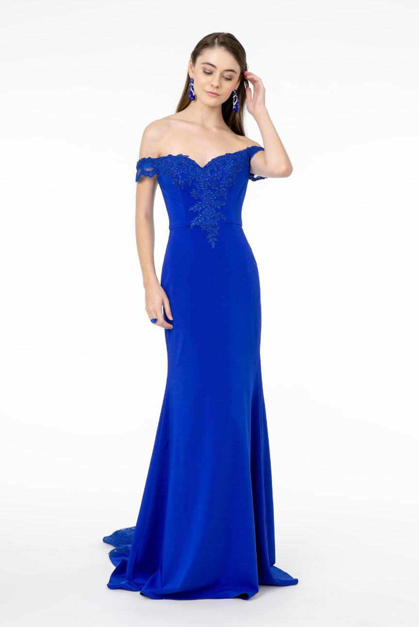 Embroidered Cut-Away Shoulder Jersey Long Dress w/ V-Back. GL2958 GLS BY Elizabeth K