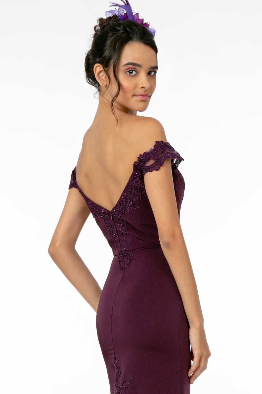 Embroidered Cut-Away Shoulder Jersey Long Dress w/ V-Back. GL2958 GLS BY Elizabeth K