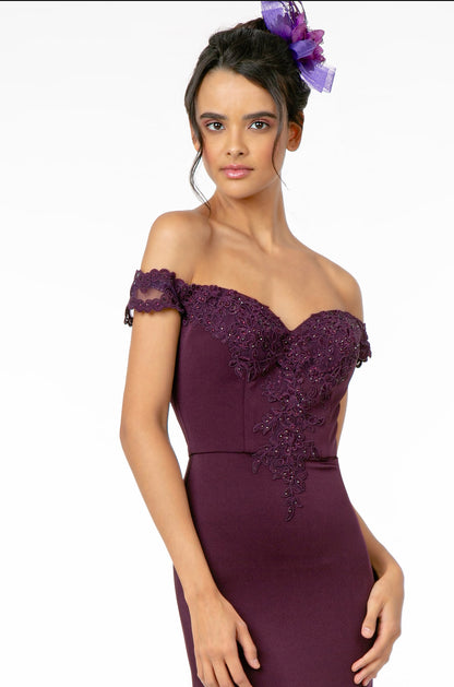 Embroidered Cut-Away Shoulder Jersey Long Dress w/ V-Back. GL2958 GLS BY Elizabeth K