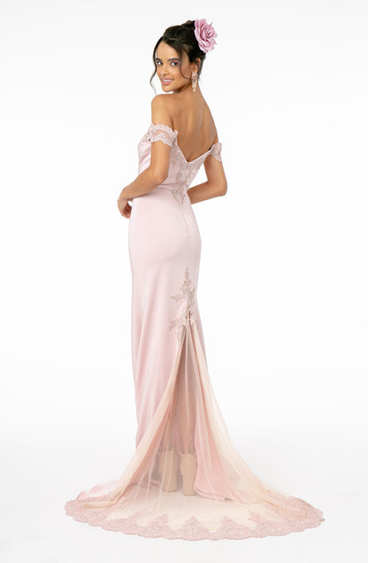 Embroidered Cut-Away Shoulder Jersey Long Dress w/ V-Back. GL2958 GLS BY Elizabeth K