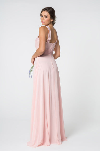High-Neck Chiffon Ruched-Bodice. The bodice is fitted until it hits waist and flares out gracefully to the floor.  GL2816 GLS BY Elizabeth K