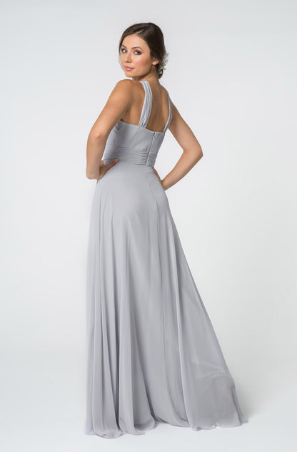 High-Neck Chiffon Ruched-Bodice. The bodice is fitted until it hits waist and flares out gracefully to the floor.  GL2816 GLS BY Elizabeth K