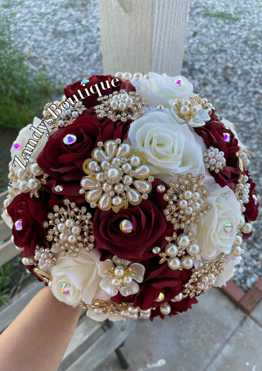 Burgundy, and Ivory with Gold Brooches and Pearls Bouquet. BURIV022 by MARINA’S CRAFT. PREORDER AVAILABLE!