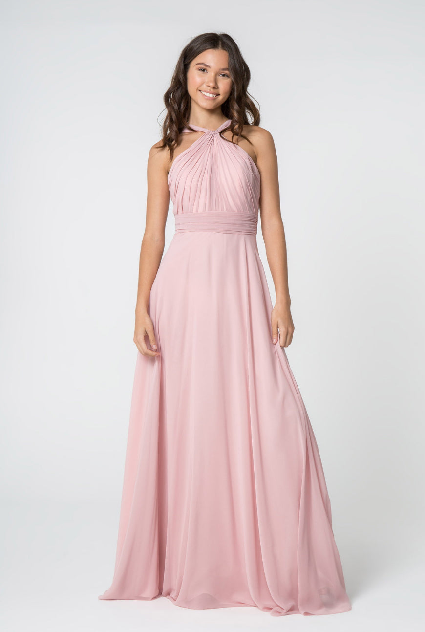 High-Neck Chiffon Ruched-Bodice. The bodice is fitted until it hits waist and flares out gracefully to the floor.  GL2816 GLS BY Elizabeth K
