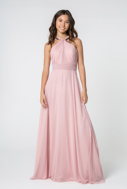 High-Neck Chiffon Ruched-Bodice. The bodice is fitted until it hits waist and flares out gracefully to the floor.  GL2816 GLS BY Elizabeth K