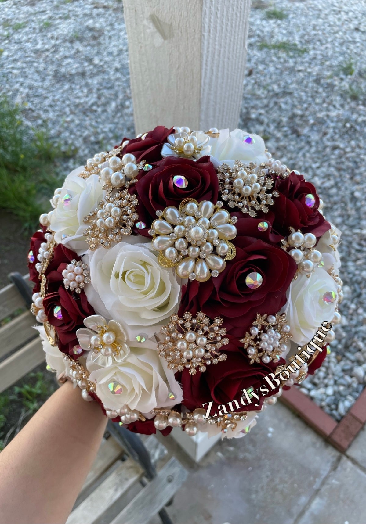 Burgundy, and Ivory with Gold Brooches and Pearls Bouquet. BURIV022 by MARINA’S CRAFT. PREORDER AVAILABLE!