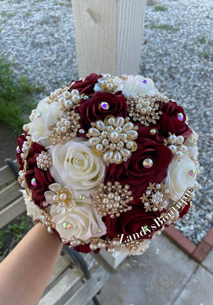 Burgundy, and Ivory with Gold Brooches and Pearls Bouquet. BURIV022 by MARINA’S CRAFT. PREORDER AVAILABLE!