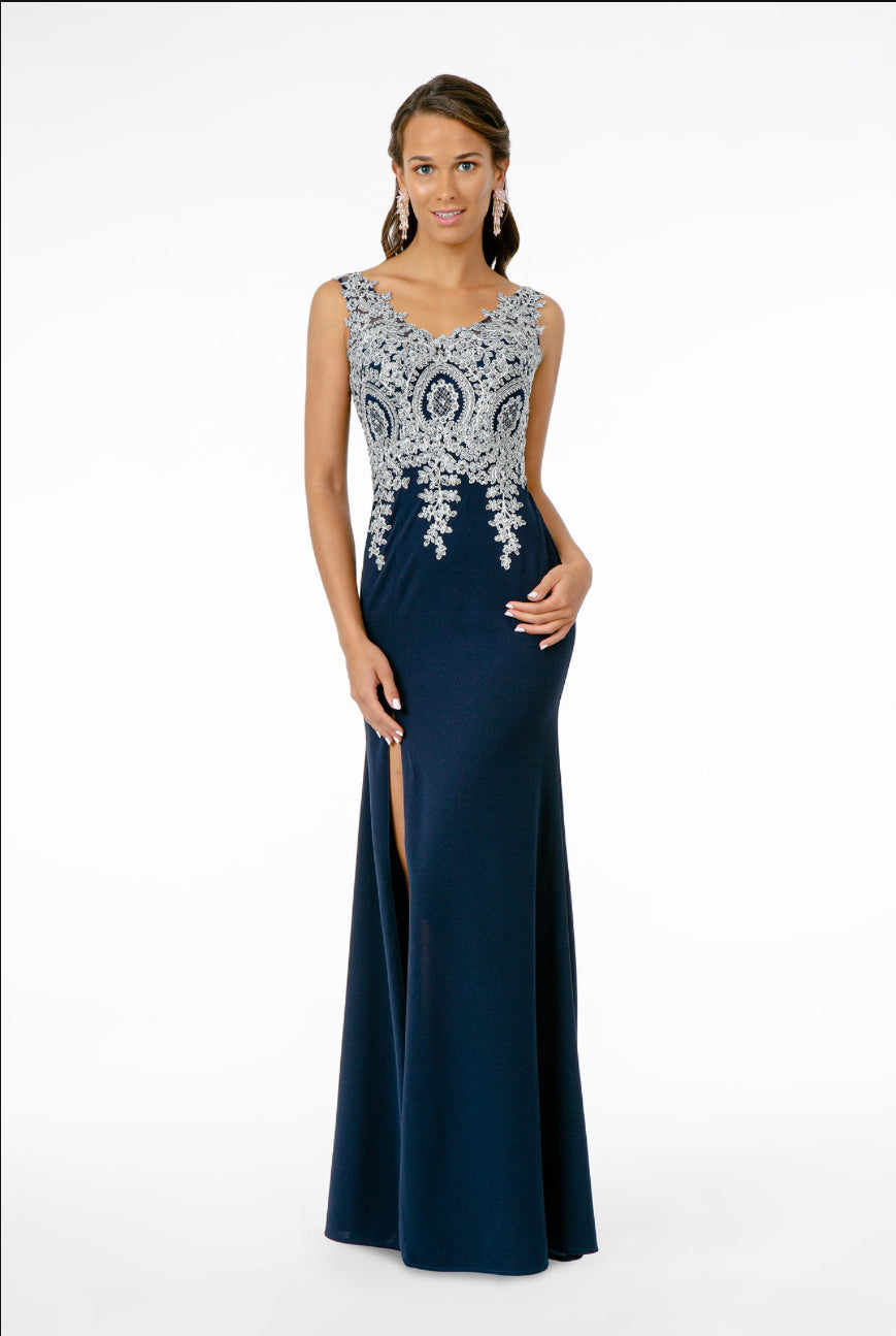 Embroidered Bodice V-Neck Jersey Long Dress w/ Slit. GL1839 By Elizabeth k