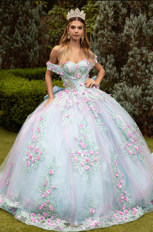 This princess dress with its 3D flower appliques and fern-like, sequined embroidery designs . GL3523 GLS by Gloria