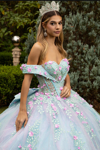 This princess dress with its 3D flower appliques and fern-like, sequined embroidery designs . GL3523 GLS by Gloria