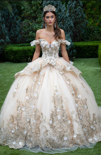 Dress with metallic embroidery, 3D flower appliques, the jewels, and the sequins. Gl3528 by Gloria