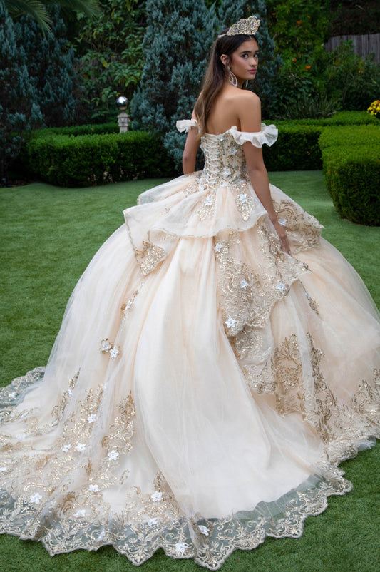 Dress with metallic embroidery, 3D flower appliques, the jewels, and the sequins. Gl3528 by Gloria