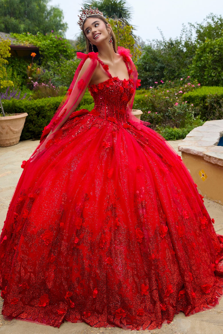 This floor length ball gown is embellished with 3D flower appliques, beads, and sequins. Gl3529 GLS by Gloria