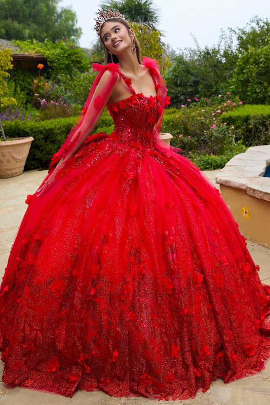 This floor length ball gown is embellished with 3D flower appliques, beads, and sequins. Gl3529 GLS by Gloria