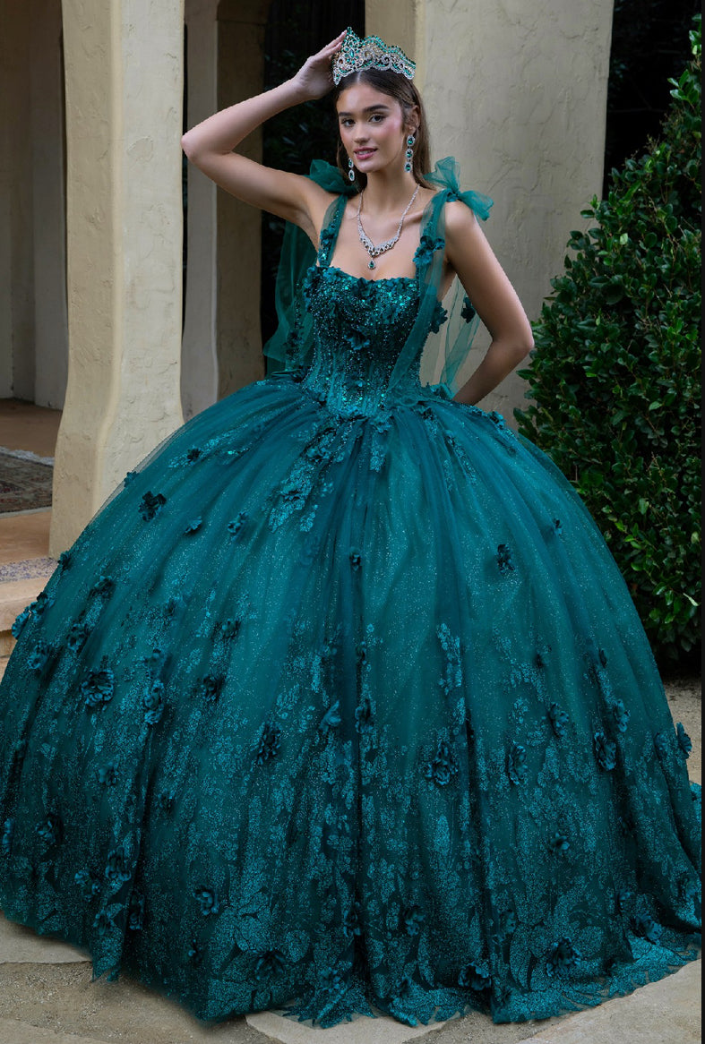 This floor length ball gown is embellished with 3D flower appliques, beads, and sequins. Gl3529 GLS by Gloria