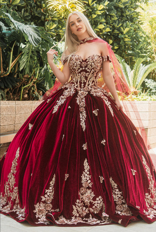 Metallic Embroidery Jewel Velvet Ball Gown w/ Long Mesh Cape. Gl3471 GLS by Gloria