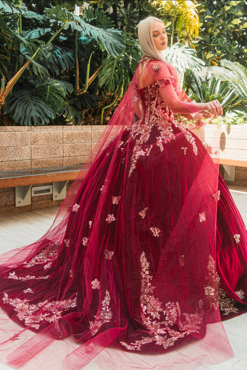 Metallic Embroidery Jewel Velvet Ball Gown w/ Long Mesh Cape. Gl3471 GLS by Gloria