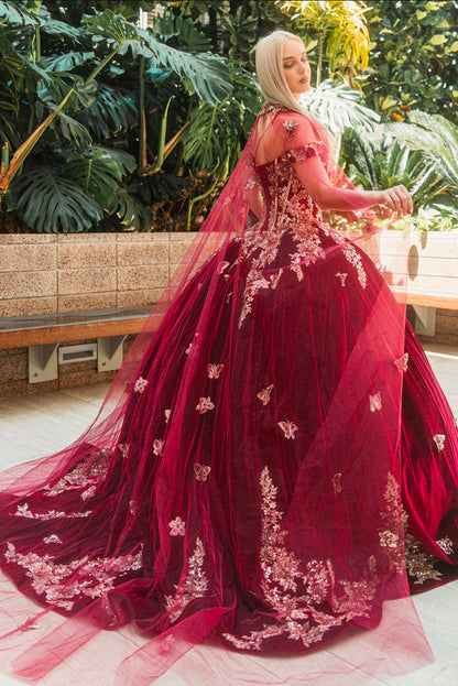 Metallic Embroidery Jewel Velvet Ball Gown w/ Long Mesh Cape. Gl3471 GLS by Gloria