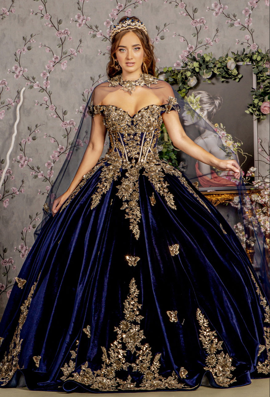 Metallic Embroidery Jewel Velvet Ball Gown w/ Long Mesh Cape. Gl3471 GLS by Gloria