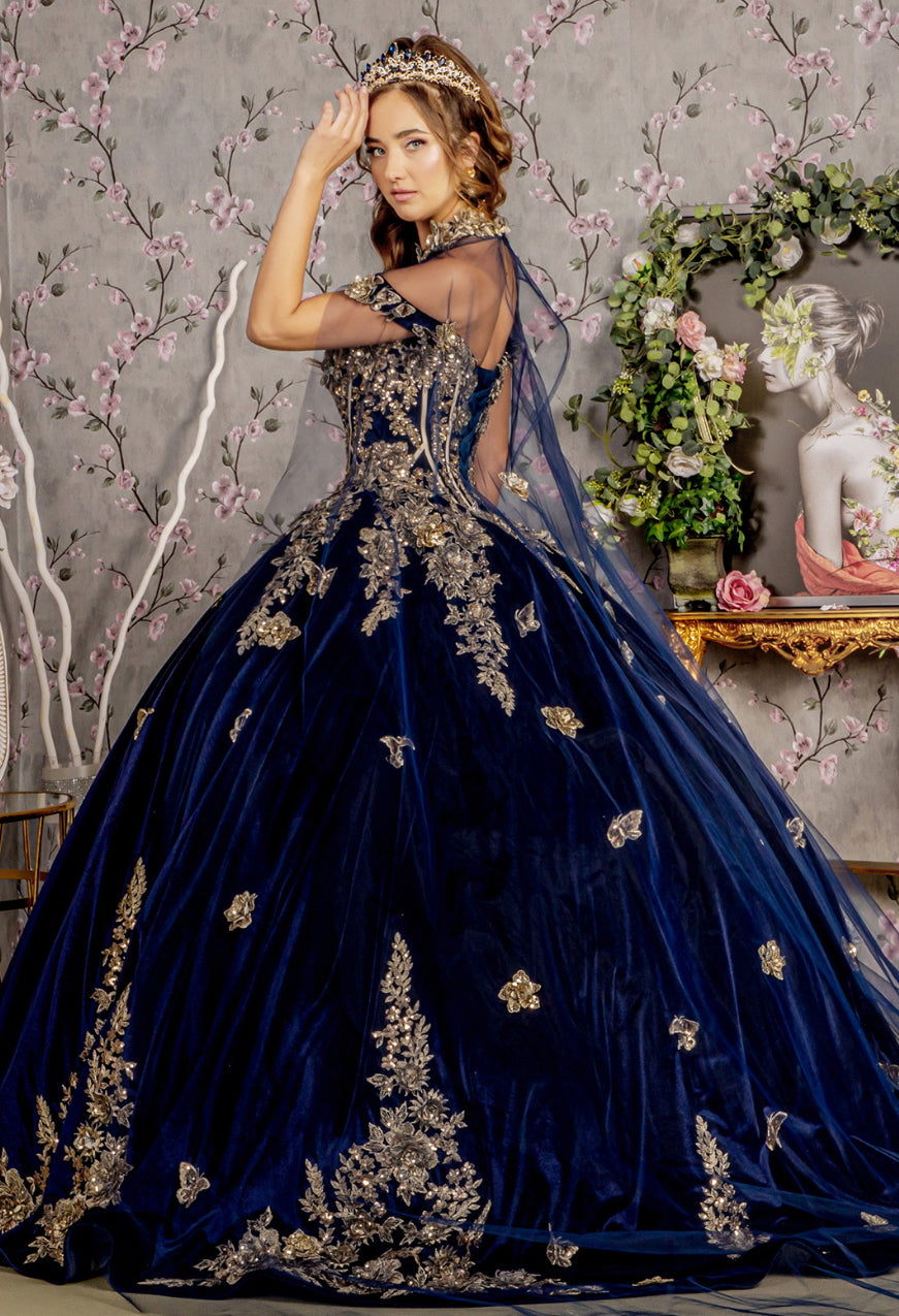 Metallic Embroidery Jewel Velvet Ball Gown w/ Long Mesh Cape. Gl3471 GLS by Gloria