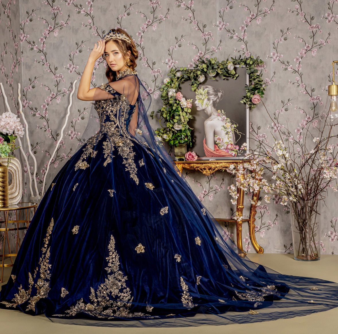 Metallic Embroidery Jewel Velvet Ball Gown w/ Long Mesh Cape. Gl3471 GLS by Gloria